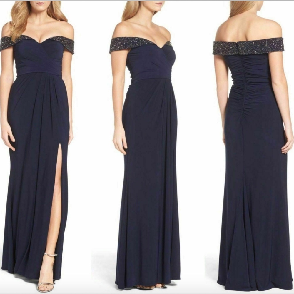 NEW $218 XSCAPE Off the Shoulder Beadedโ Gown Navy